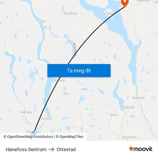 Hønefoss Sentrum to Ottestad map