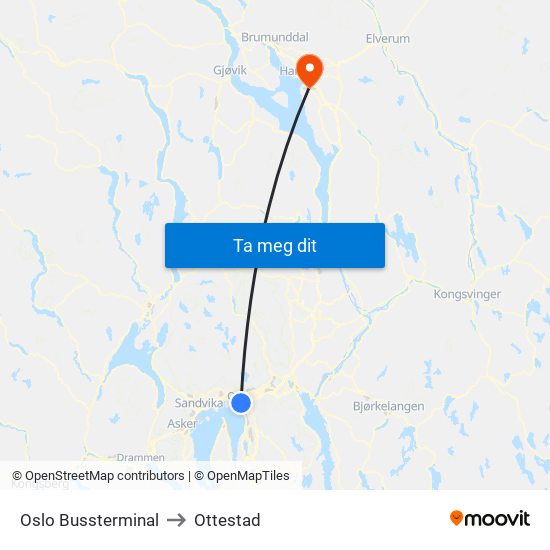 Oslo Bussterminal to Ottestad map