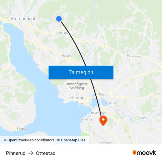 Pinnerud to Ottestad map