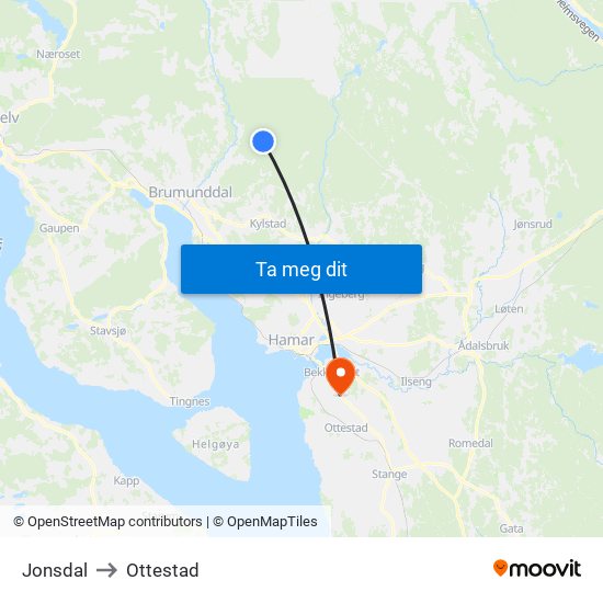 Jonsdal to Ottestad map