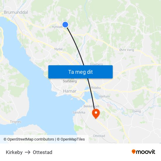 Kirkeby to Ottestad map