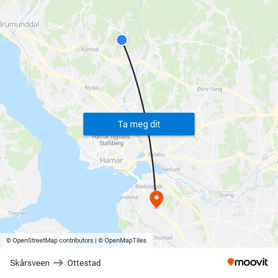 Skårsveen to Ottestad map