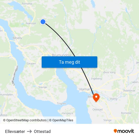 Ellevsæter to Ottestad map