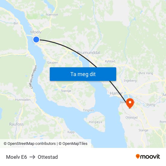 Moelv E6 to Ottestad map
