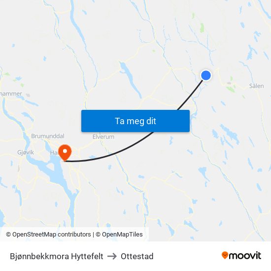 Bjønnbekkmora Hyttefelt to Ottestad map
