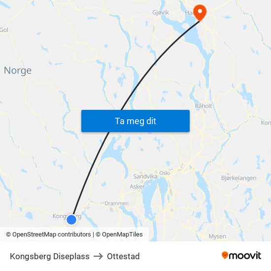 Kongsberg Diseplass to Ottestad map