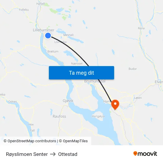 Røyslimoen Senter to Ottestad map