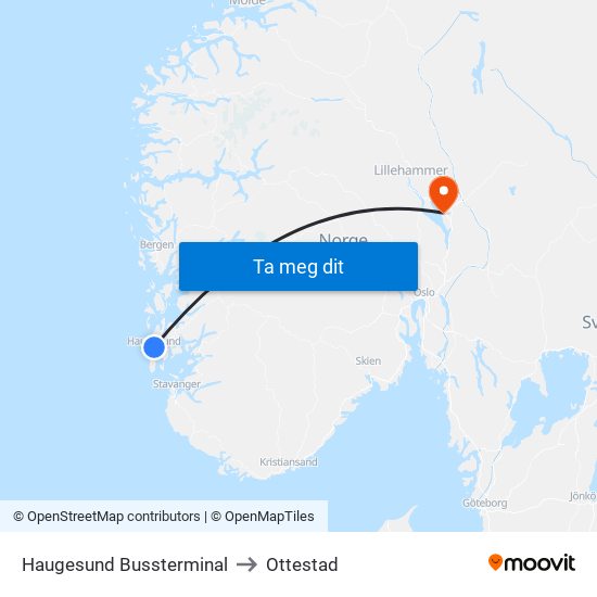 Haugesund Bussterminal to Ottestad map