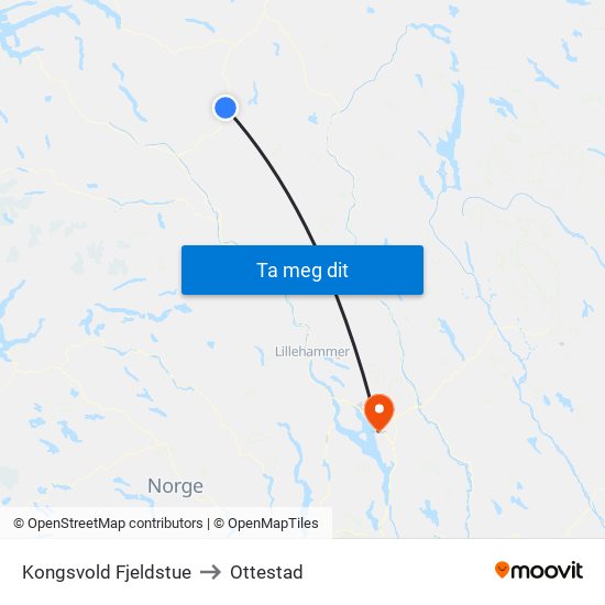 Kongsvold Fjeldstue to Ottestad map