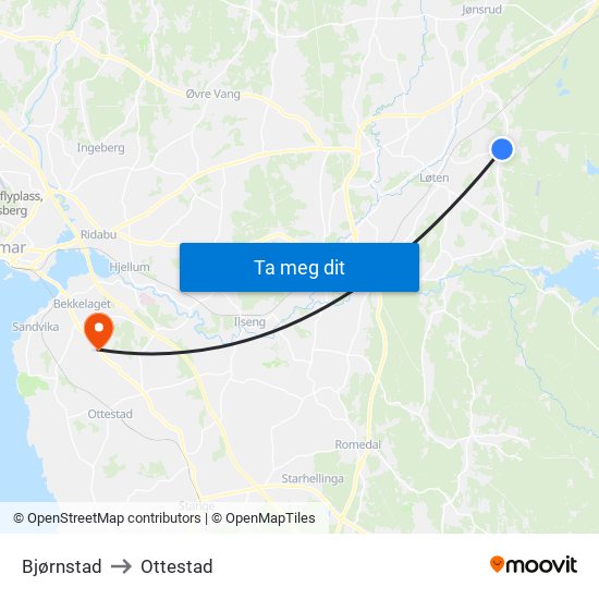 Bjørnstad to Ottestad map