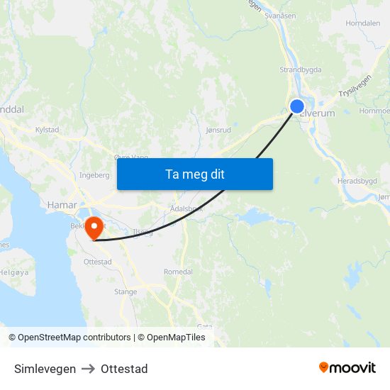 Simlevegen to Ottestad map