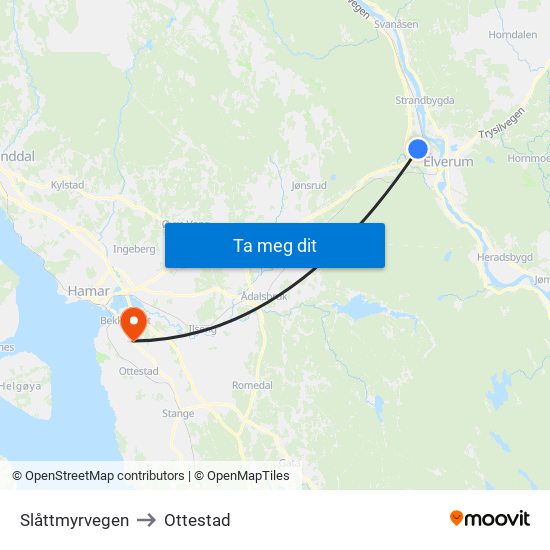 Slåttmyrvegen to Ottestad map