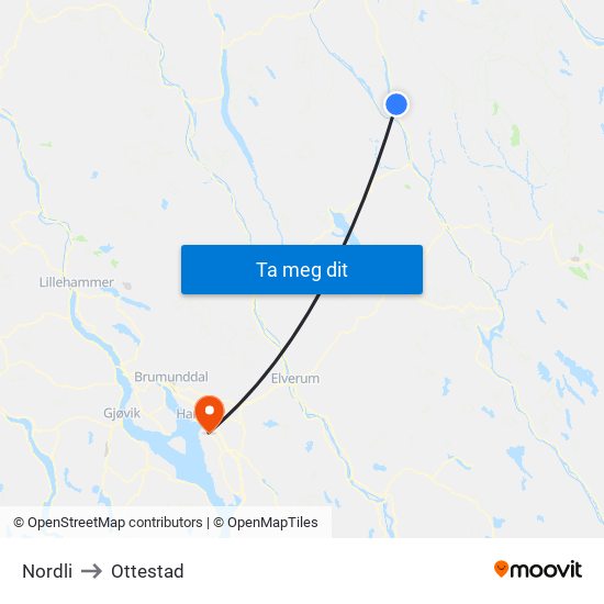 Nordli to Ottestad map
