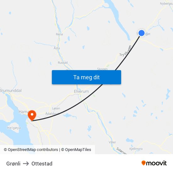 Grønli to Ottestad map