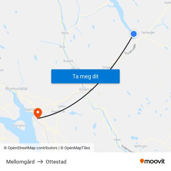 Mellomgård to Ottestad map