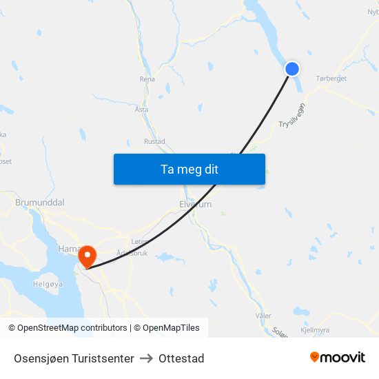 Osensjøen Turistsenter to Ottestad map
