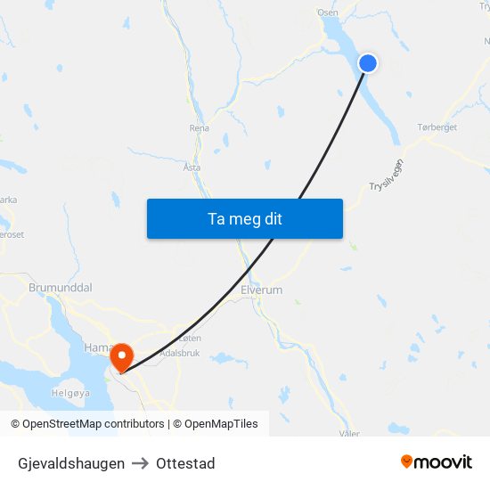 Gjevaldshaugen to Ottestad map