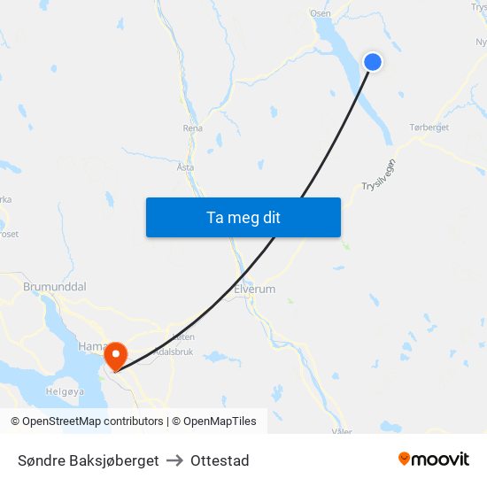 Søndre Baksjøberget to Ottestad map