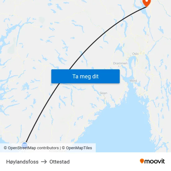 Høylandsfoss to Ottestad map