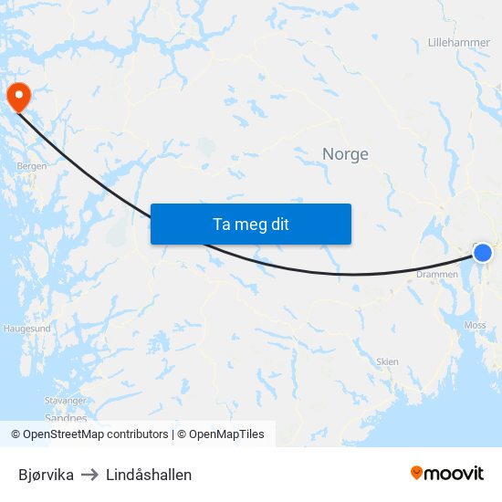 Bjørvika to Lindåshallen map