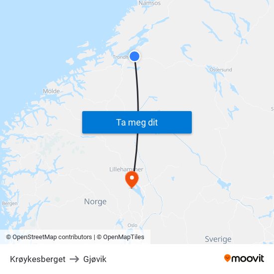 Krøykesberget to Gjøvik map