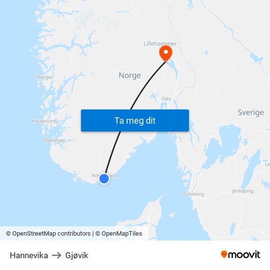 Hannevika to Gjøvik map