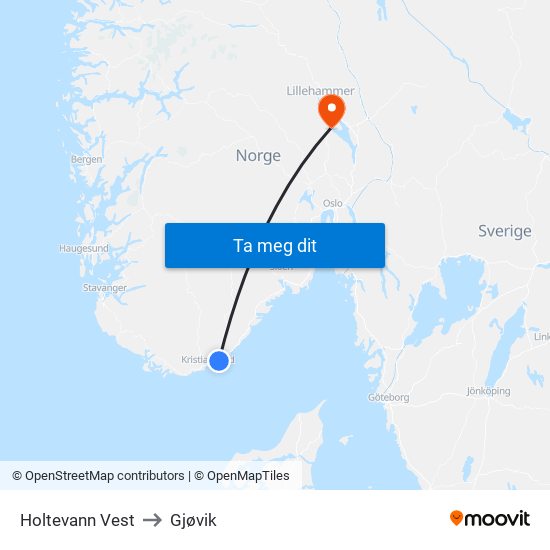 Holtevann Vest to Gjøvik map