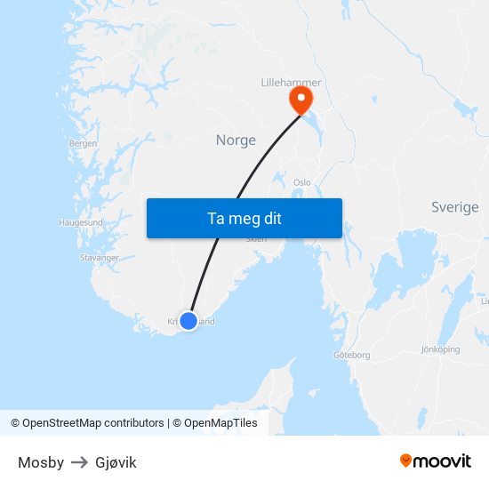 Mosby to Gjøvik map