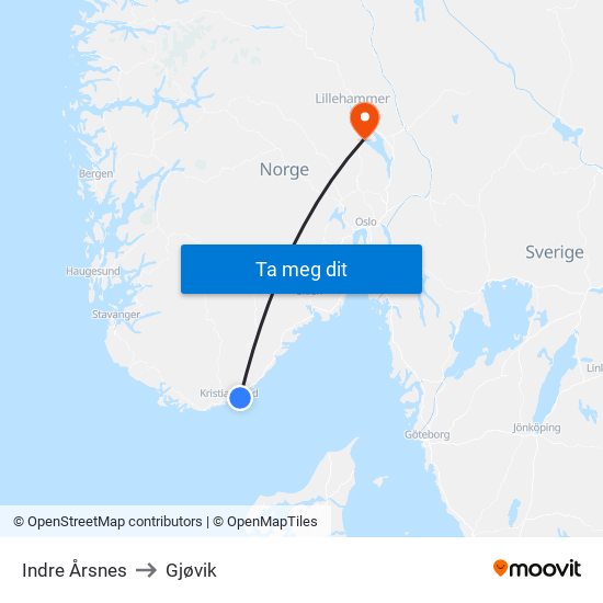 Indre Årsnes to Gjøvik map