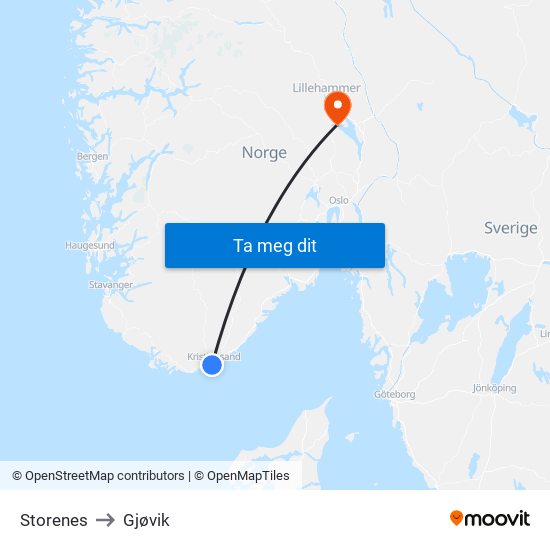 Storenes to Gjøvik map