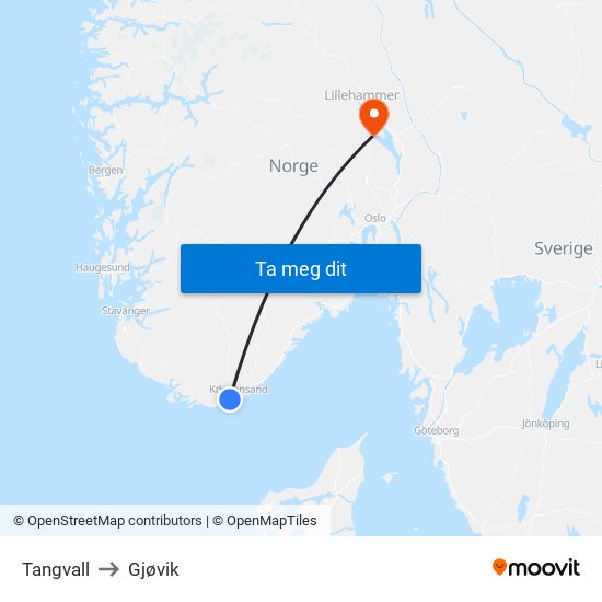 Tangvall to Gjøvik map