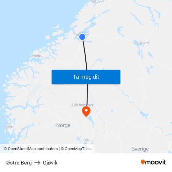 Østre Berg to Gjøvik map