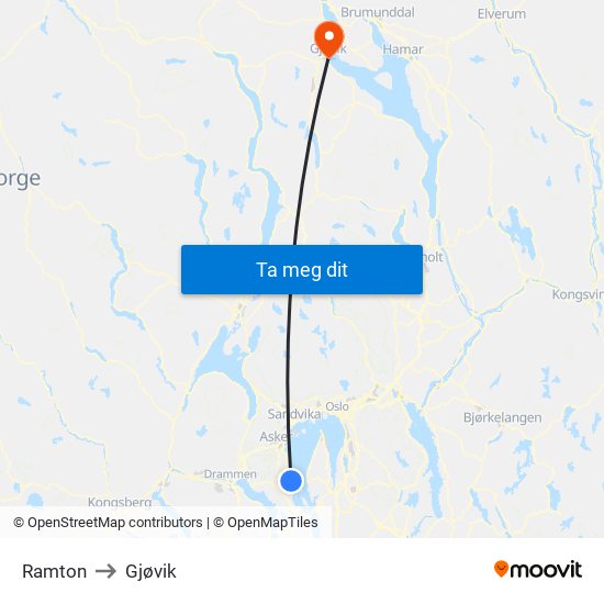 Ramton to Gjøvik map