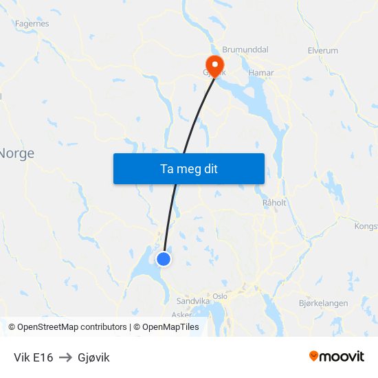 Vik E16 to Gjøvik map