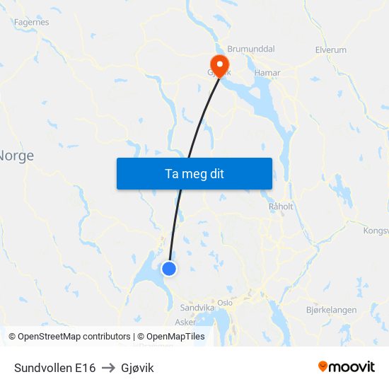 Sundvollen E16 to Gjøvik map