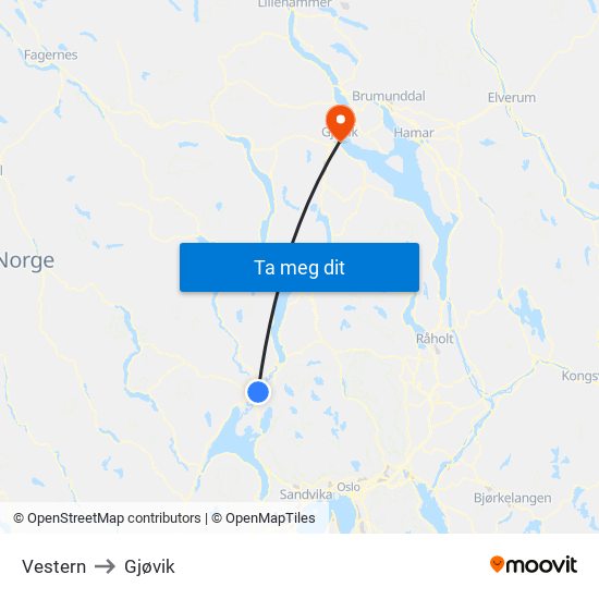 Vestern to Gjøvik map