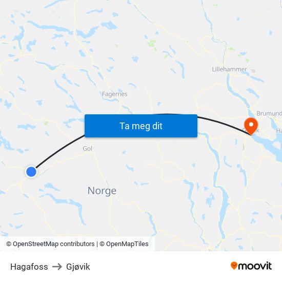 Hagafoss to Gjøvik map