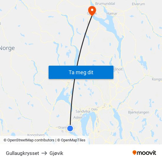 Gullaugkrysset to Gjøvik map