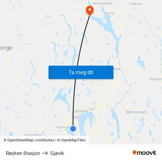 Røyken Stasjon to Gjøvik map