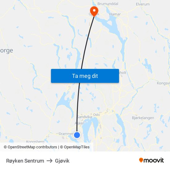 Røyken Sentrum to Gjøvik map