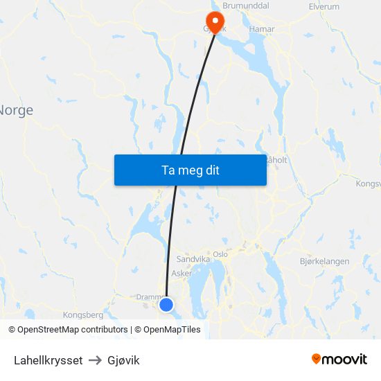 Lahellkrysset to Gjøvik map