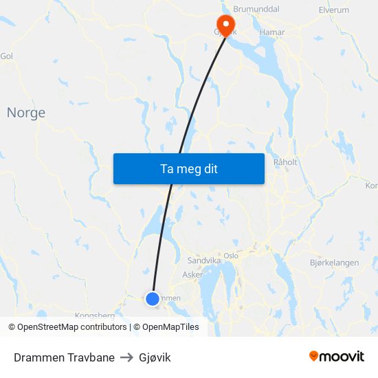 Drammen Travbane to Gjøvik map