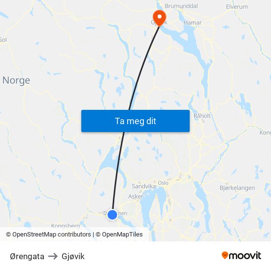Ørengata to Gjøvik map