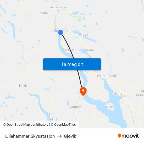 Lillehammer Skysstasjon to Gjøvik map