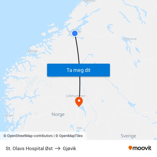 St. Olavs Hospital Øst to Gjøvik map
