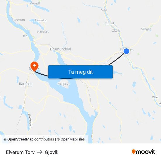 Elverum Torv to Gjøvik map