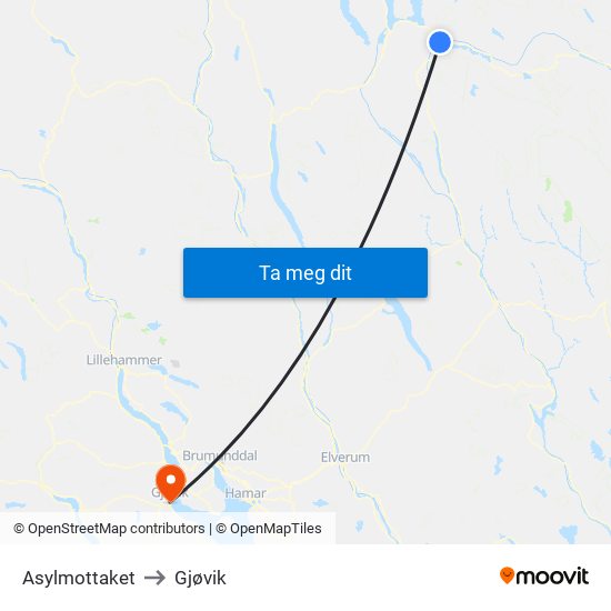 Asylmottaket to Gjøvik map