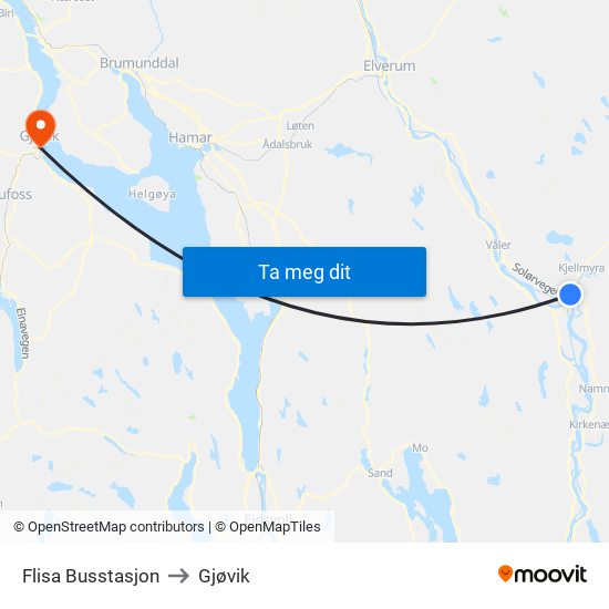 Flisa Busstasjon to Gjøvik map