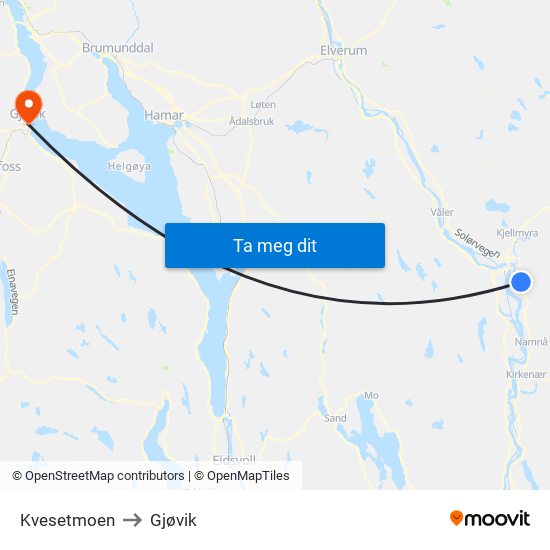 Kvesetmoen to Gjøvik map