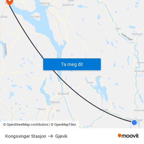 Kongsvinger Stasjon to Gjøvik map